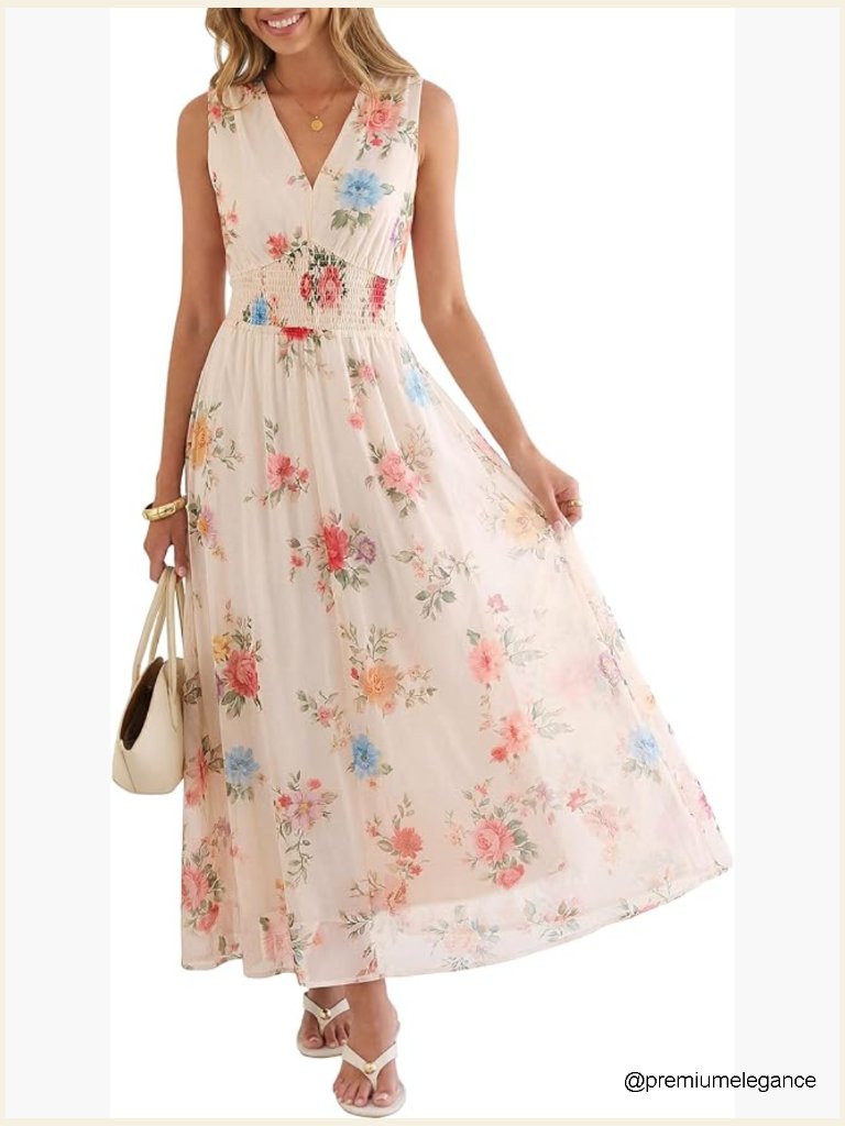 Sleeveless Floral Maxi Dress A-Line Tulle Wedding Guest Beach